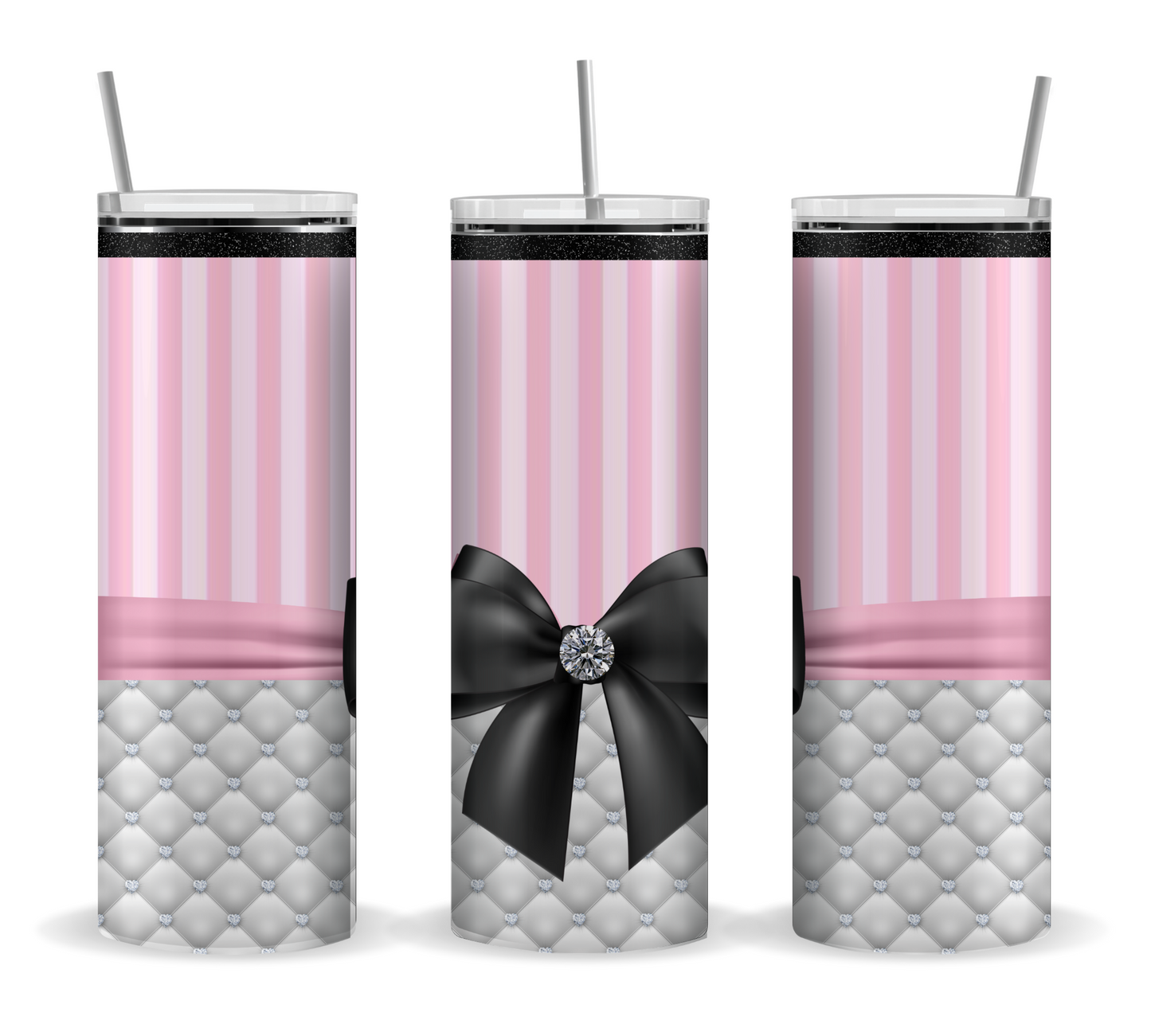 Light Pink Stripe with Black Bow Glitter Tumbler 20oz
