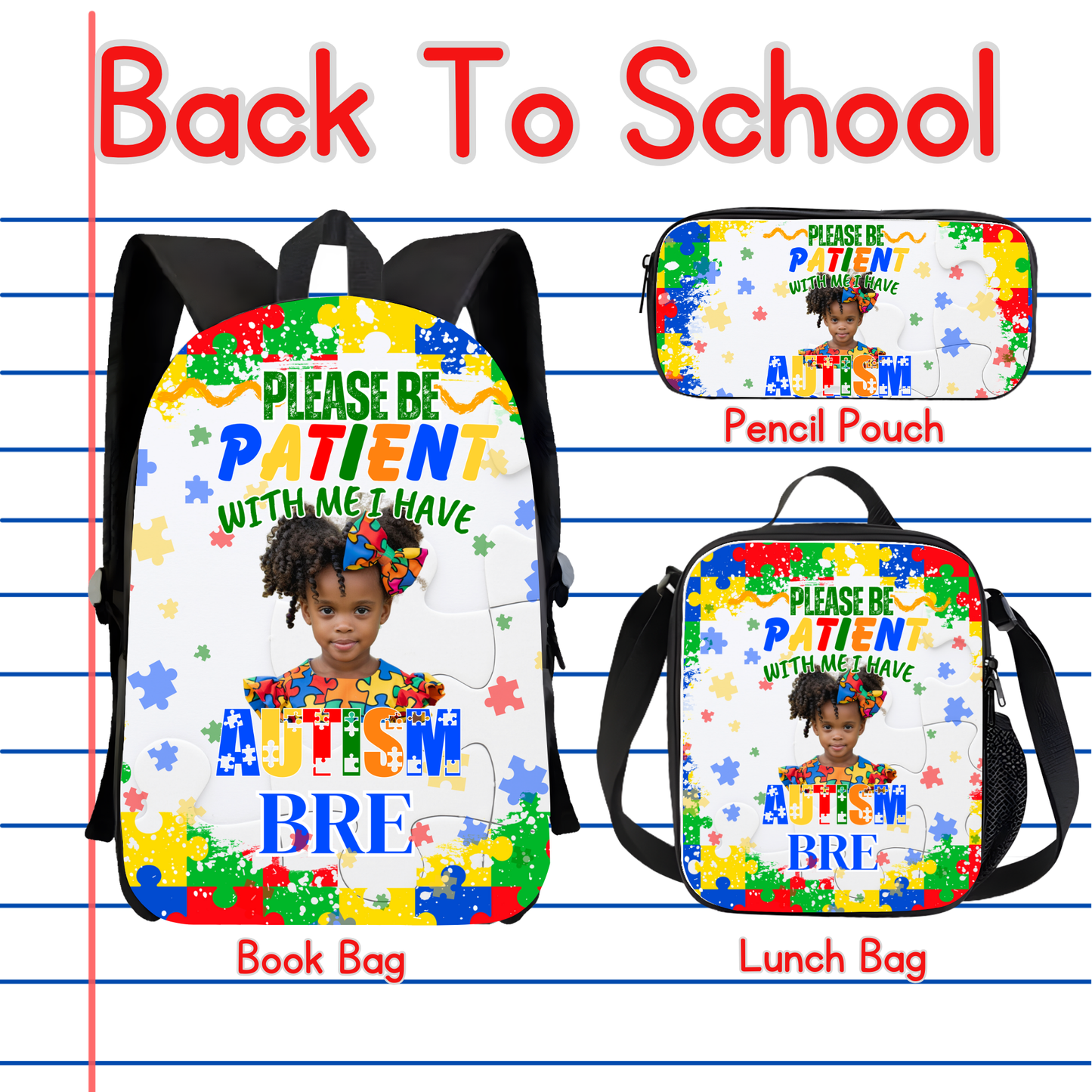 Customized Book Bag, Pencil Pouch, or Lunch Bag