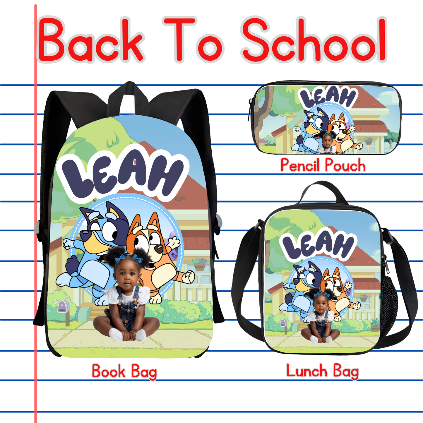 Customized Book Bag, Pencil Pouch, or Lunch Bag