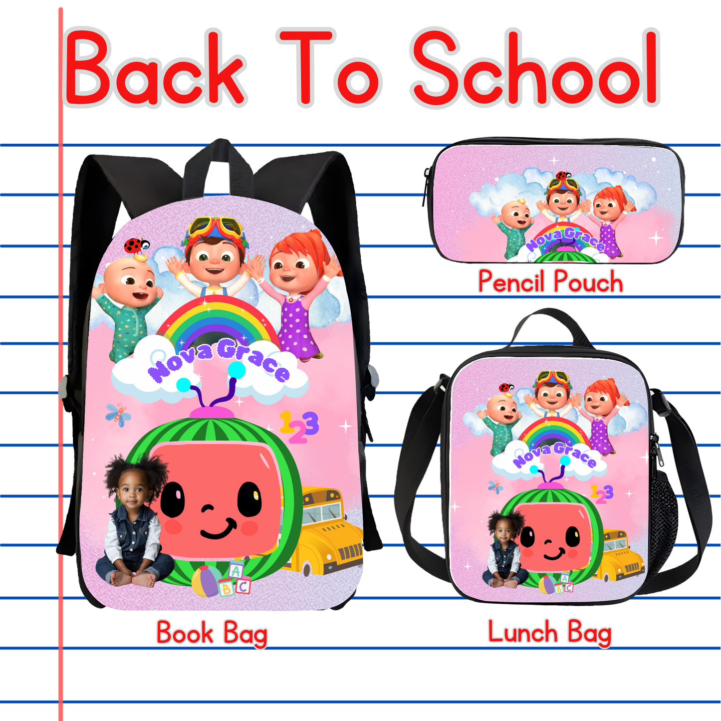 Customized Book Bag, Pencil Pouch, or Lunch Bag