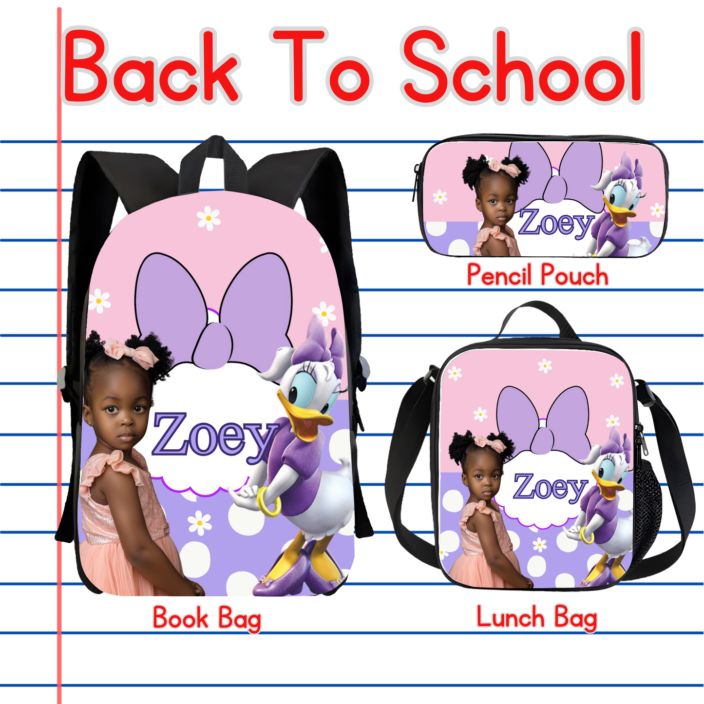 Customized Book Bag, Pencil Pouch, or Lunch Bag
