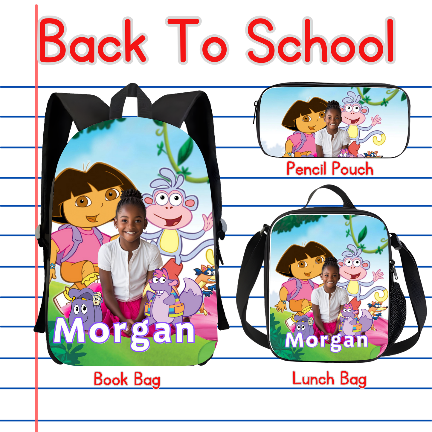 Customized Book Bag, Pencil Pouch, or Lunch Bag