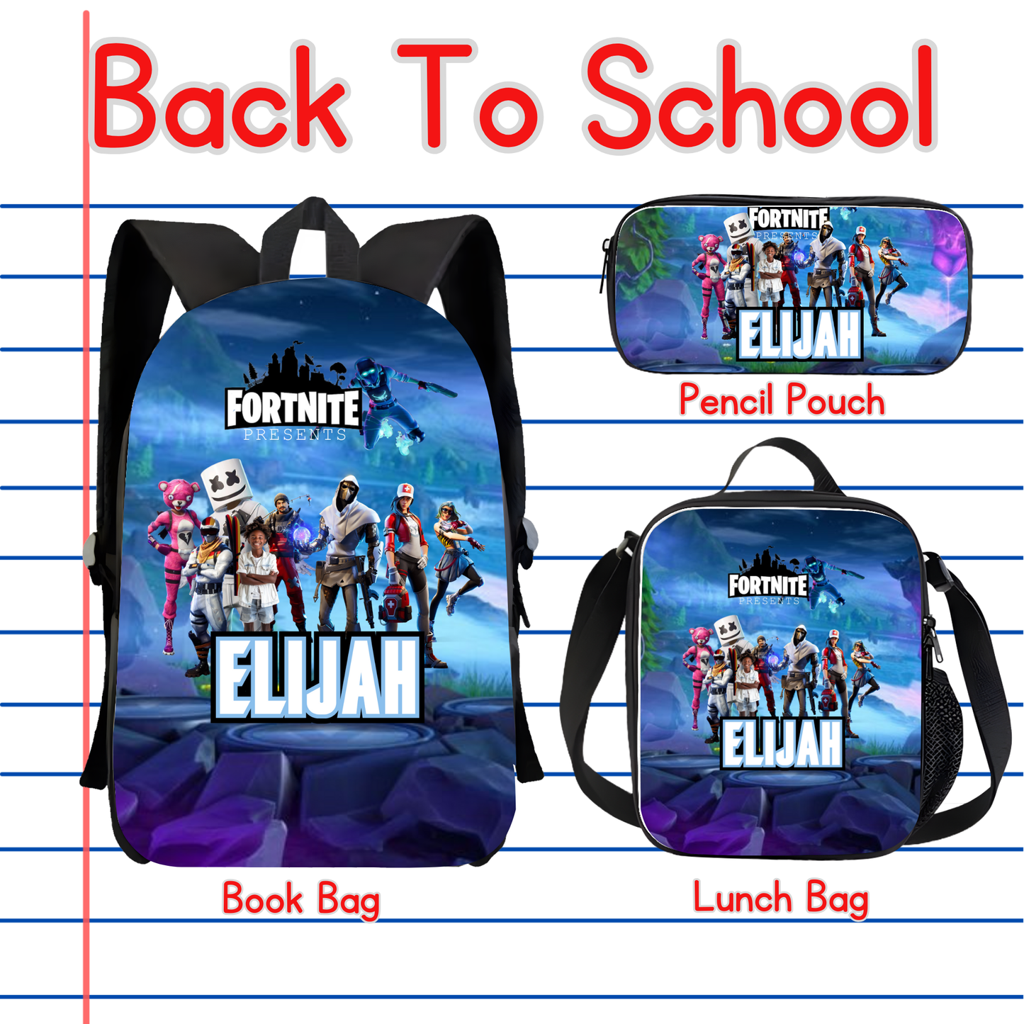 Customized Book Bag, Pencil Pouch, or Lunch Bag