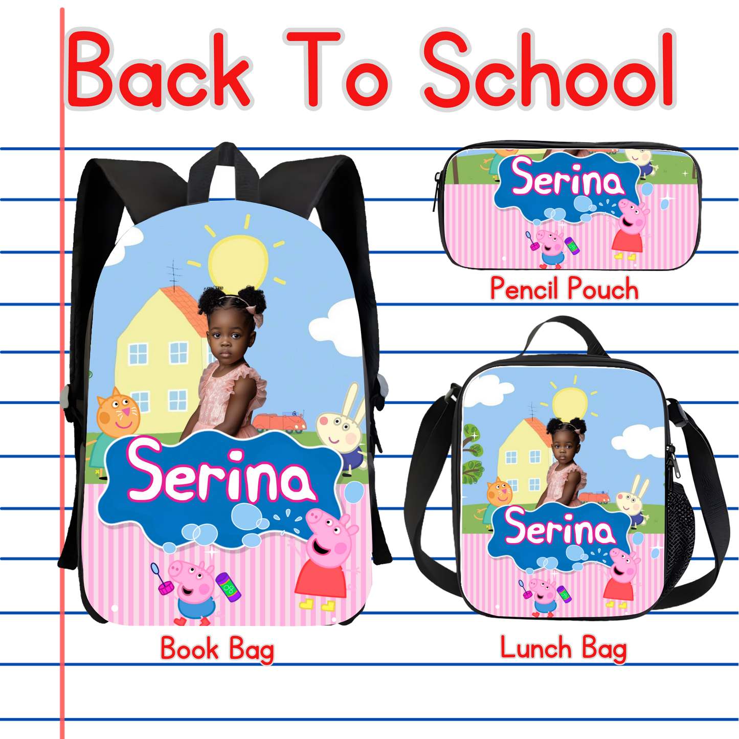 Customized Book Bag, Pencil Pouch, or Lunch Bag