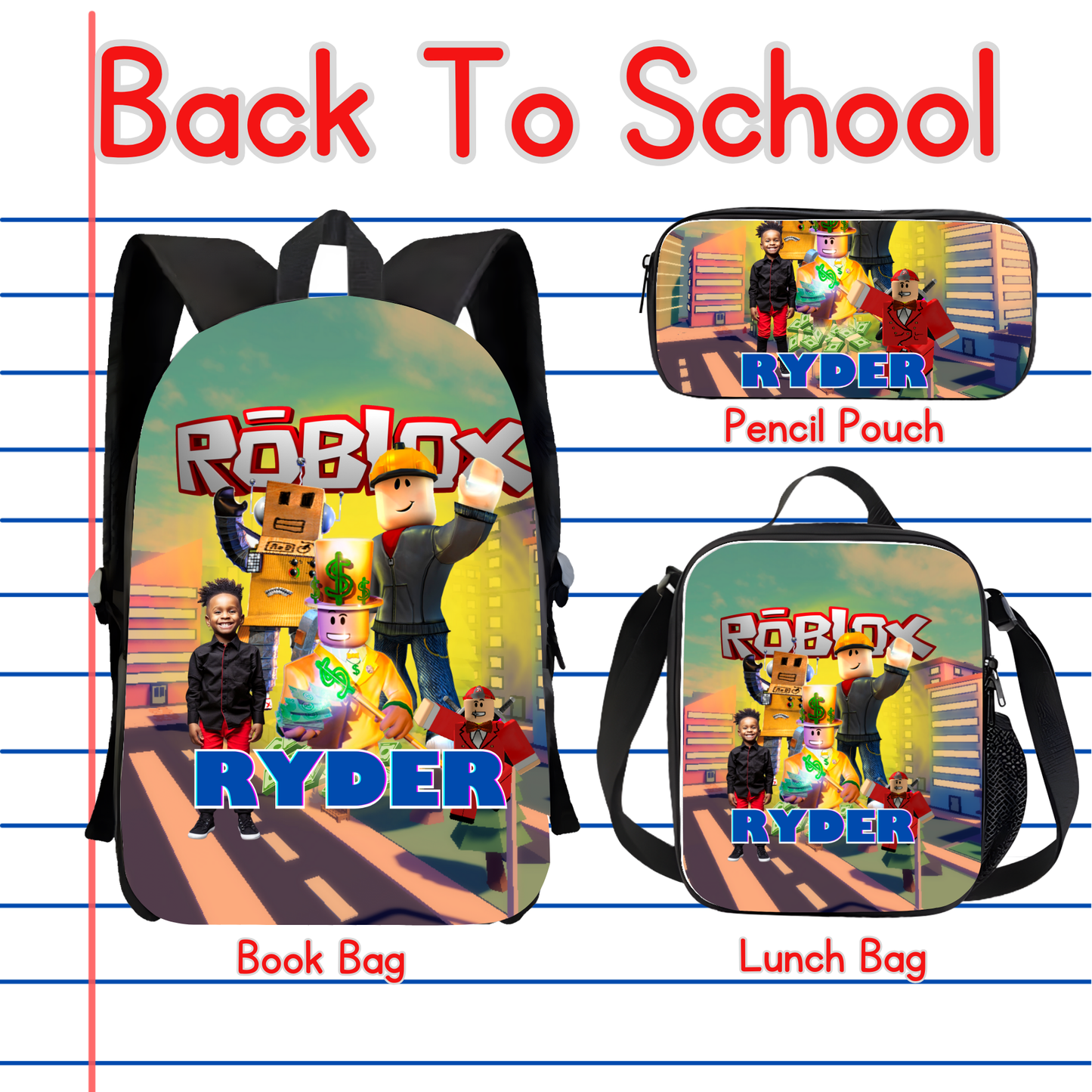 Customized Book Bag, Pencil Pouch, or Lunch Bag