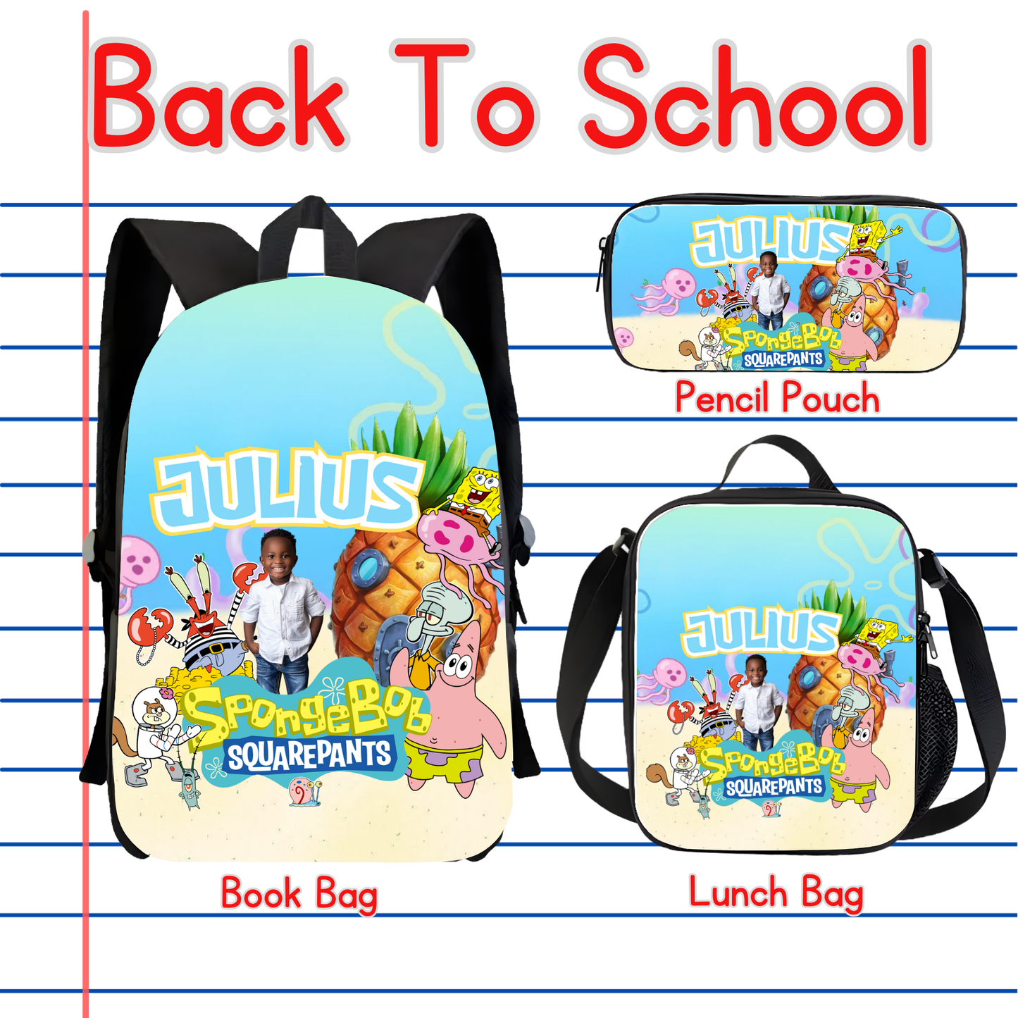 Customized Book Bag, Pencil Pouch, or Lunch Bag
