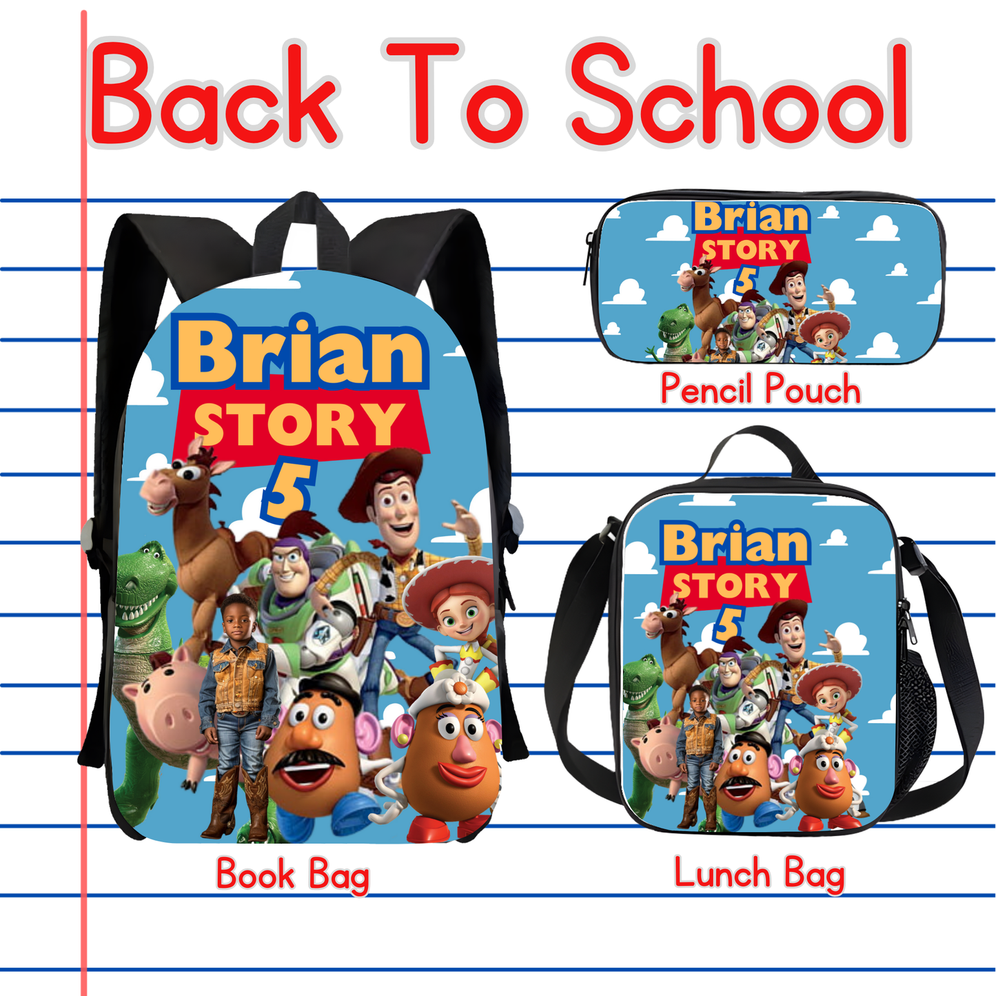 Customized Book Bag, Pencil Pouch, or Lunch Bag
